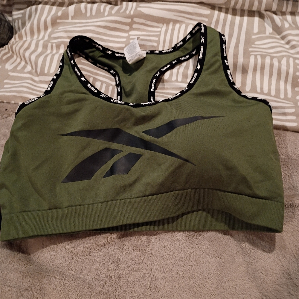 Reebok Olive Green Racerback Sports Bra with Black Logo